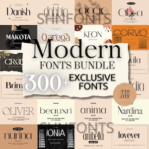 Puede incluir: Un collage de cuadrados coloridos que presentan diferentes estilos de fuente, con el texto "Modern Fonts Bundle 300+ Exclusive Fonts .TTF .OTF" en el centro.