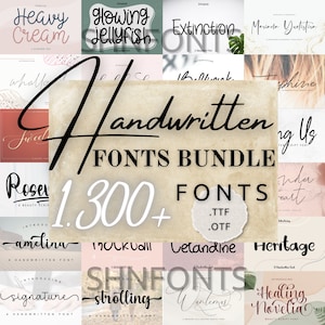 Könnte beinhalten: Eine Collage aus handgeschriebenen Schriftarten, mit dem Text "Handwritten Fonts Bundle 1,300+ Fonts .TTF .OTF" in der Mitte. Die Schriftarten werden in verschiedenen Stilen angezeigt, darunter Schrift, serifenlos und Serifenschrift.