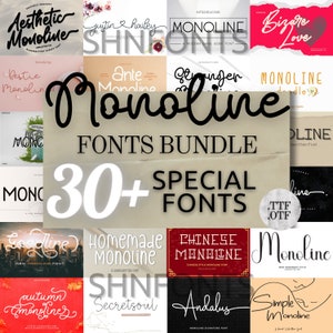 Puede incluir: Un collage de cuadrados coloridos con diferentes fuentes monolíneas. El texto "Monoline Fonts Bundle 30+ Special Fonts" está en el centro de la imagen. Las fuentes son de varios estilos, incluyendo escritura, manuscrita y moderna.