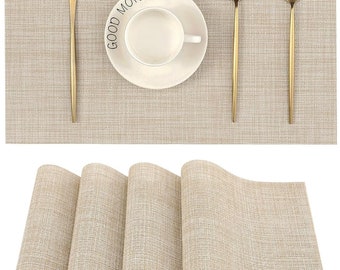 Beige Placemats Set of 4 - Heat Resistant Non-Slip Place mats for Dining Table, Washable Durable PVC Vinyl Woven Table Mats