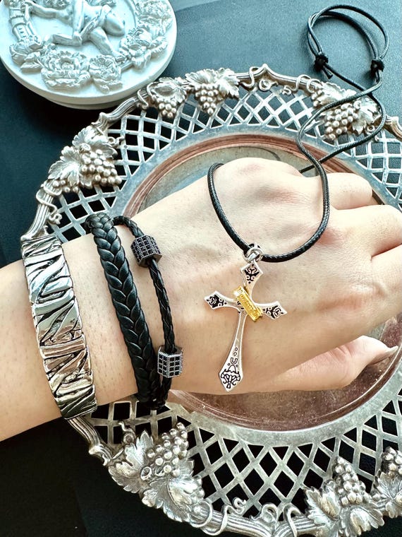 スターリングシルバーレザーブレスレットとネックレスのギフトセット 