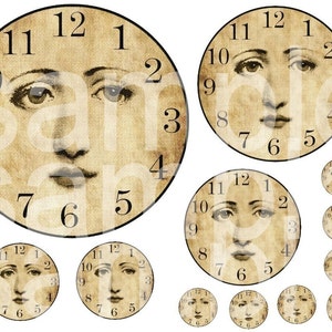 May include: A set of 10 vintage-style clock faces with a woman's face in the center of each clock. The clock faces are in shades of brown and cream with black numbers and hands. The woman's face is stylized with large eyes and a small mouth.