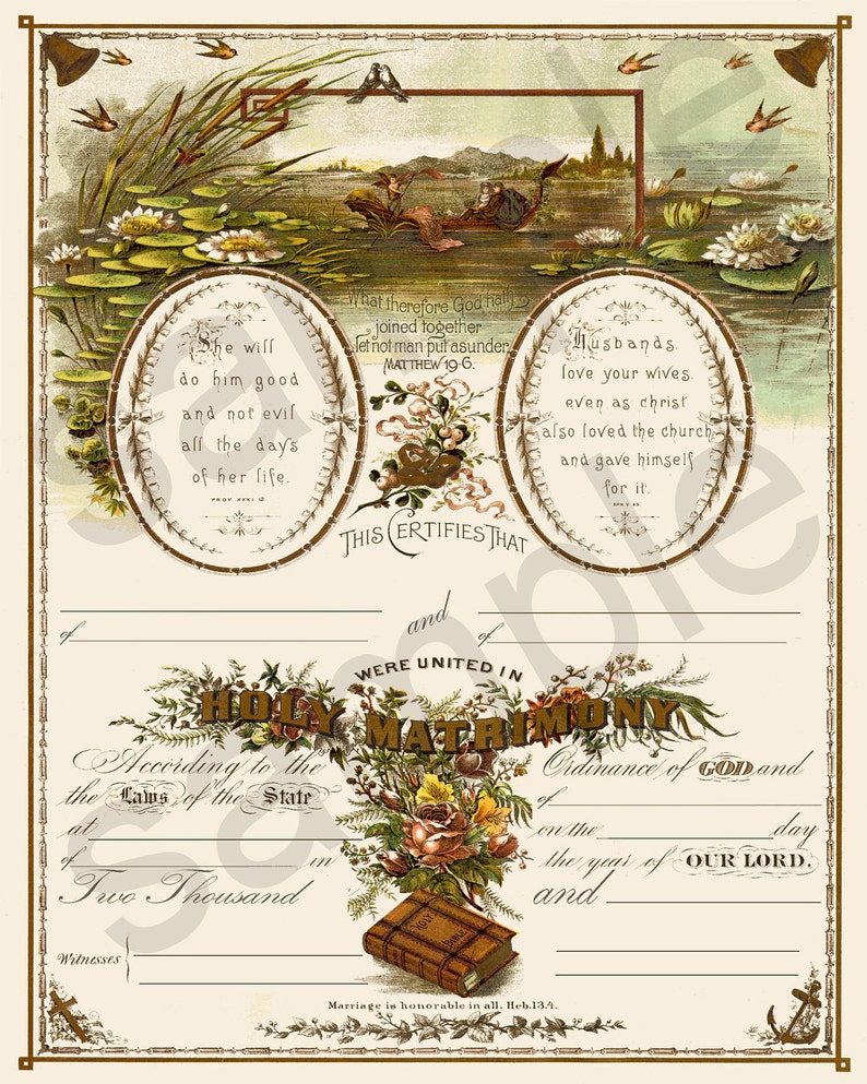 Beautiful Antique 19th Century Blank Marriage Certificate 8x10 Altered Updated Biblical Christian Scripture Digital Download You Print image 1