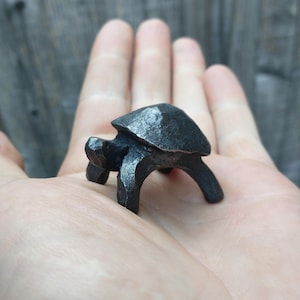 Può includere: Piccola statuetta di tartaruga in metallo realizzata a mano. La scultura scura e strutturata presenta un guscio, una testa e zampe dettagliate. La tartaruga è tenuta in una mano, mostrando le sue dimensioni e l'artigianato. L'oggetto è decorativo.