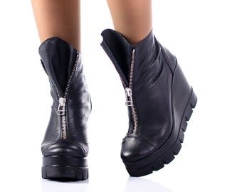Black Leather Platform Ankle Boots: Zipper Punk Shoes