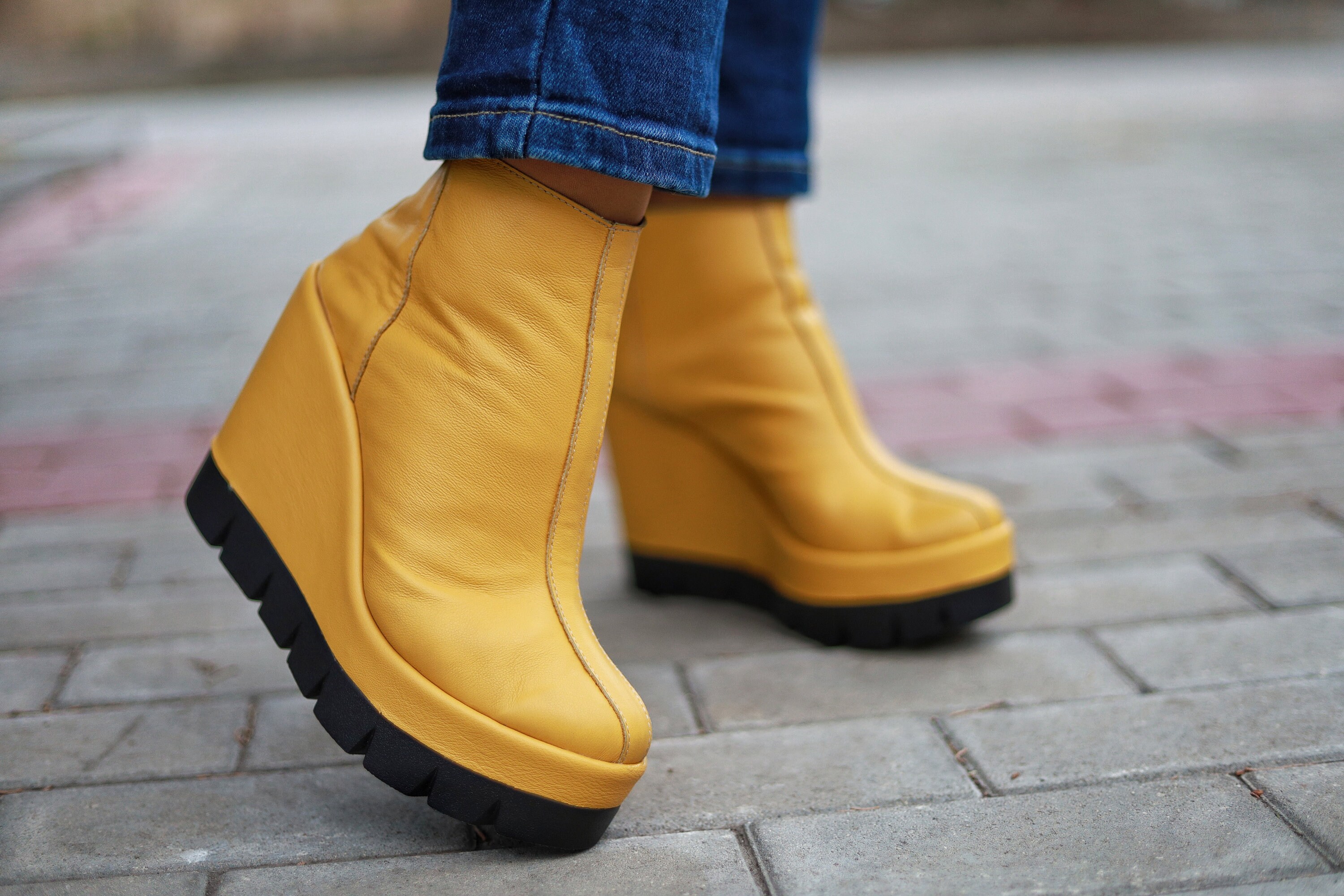 Yellow Leather Platform Ankle Boots: Women's Winter Shoes - Etsy