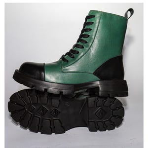 Handmade Genuine Leather Boots, Combat Boots for Women, Green & Black Lace-Up Ankle Boots with Side Zipper, Chunky Sole, Handmade Footwear