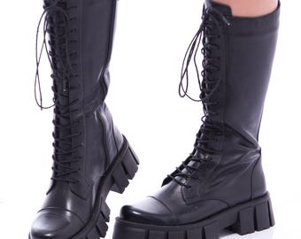 Black Leather Lace-Up Boots: Tall Combat Style, Chunky Platform Sole