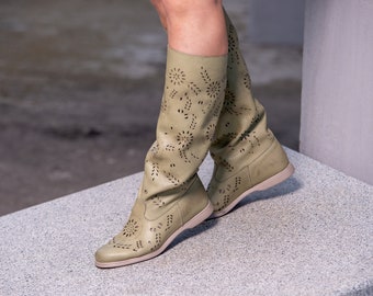 Handcrafted Perforated Leather Summer Boots: Elegant Gladiator Style