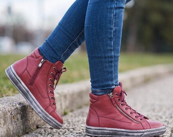 Handmade Red Leather High Top Sneakers, Side Zipper Urban Boots