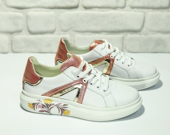 Genuine Leather Women's Sneakers: White & Salmon Casual Shoes