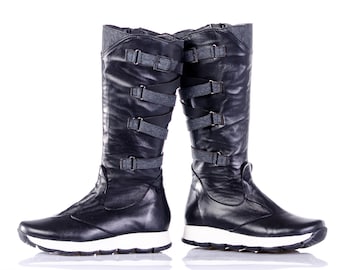 Genuine Leather Knee High Boots: Black Sporty-Elegant Style