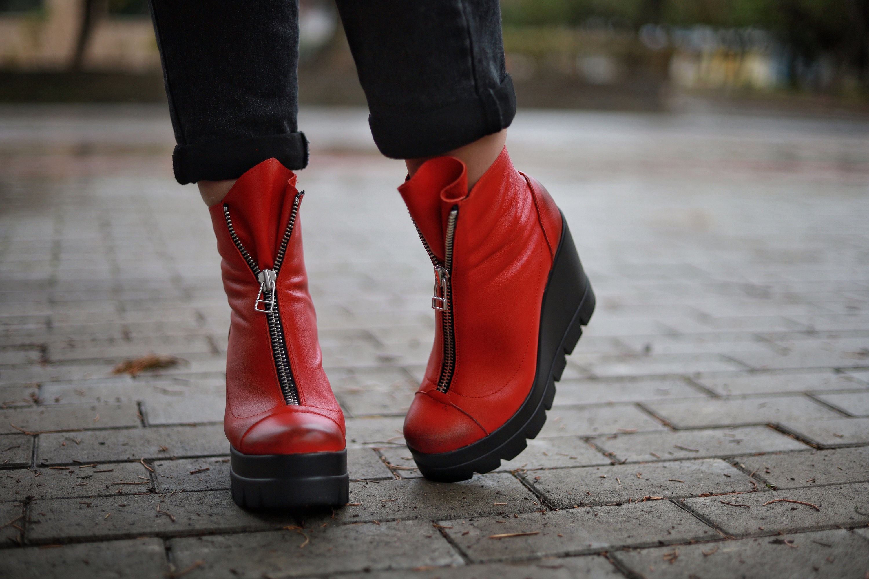 激安アウトレット通販 Red Zipper Winter for Boots Winter Red Shoes, Punk Grunge Shoes