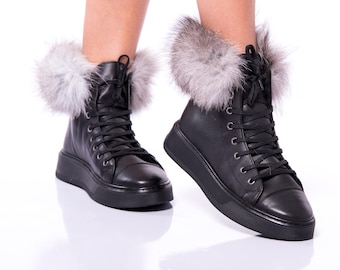 Handcrafted Leather Boots with Silver Fox Fur Trim