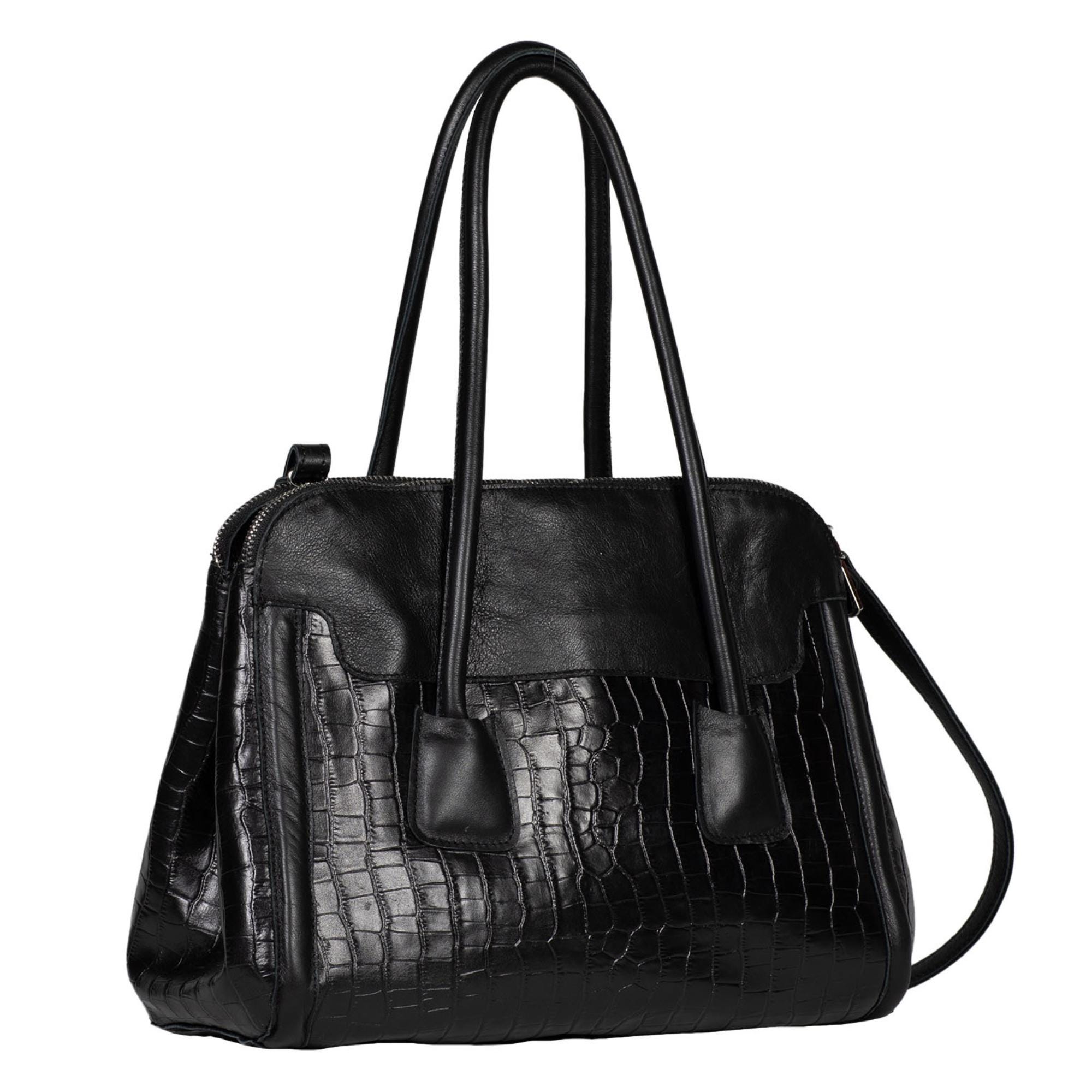 Black Croc-embossed Leather Handbag: Women
