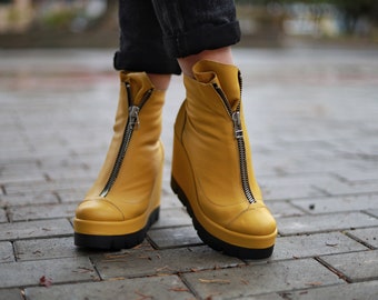 Yellow Leather Platform Boots,womens Handmade Summer Shoes Open