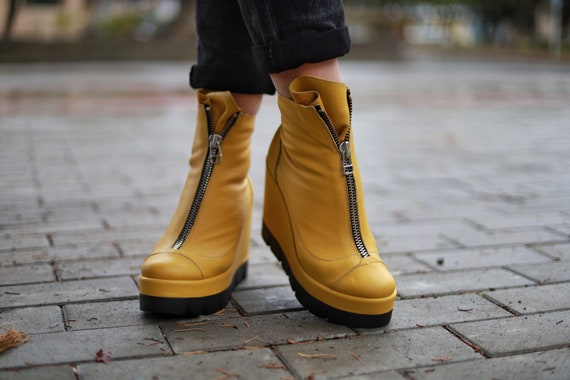Yellow Leather Platform Ankle Boots: Zipper Front, Grunge Punk