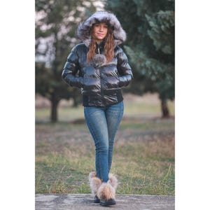 Black Winter Jacket with Hood Decorated with Natural Fur, Down Jacket With Fox Fur Collar Hood, Outerwear with Fox Fur Hood Trench Coat
