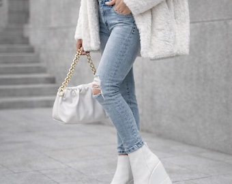 Handmade White Leather Wedge Ankle Boots: Chunky Platform Shoes
