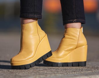 Yellow Leather Platform Boots,womens Handmade Summer Shoes Open