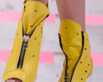Yellow Leather Platform Sandals: Zipper Open Toe Ankle Boots - Etsy