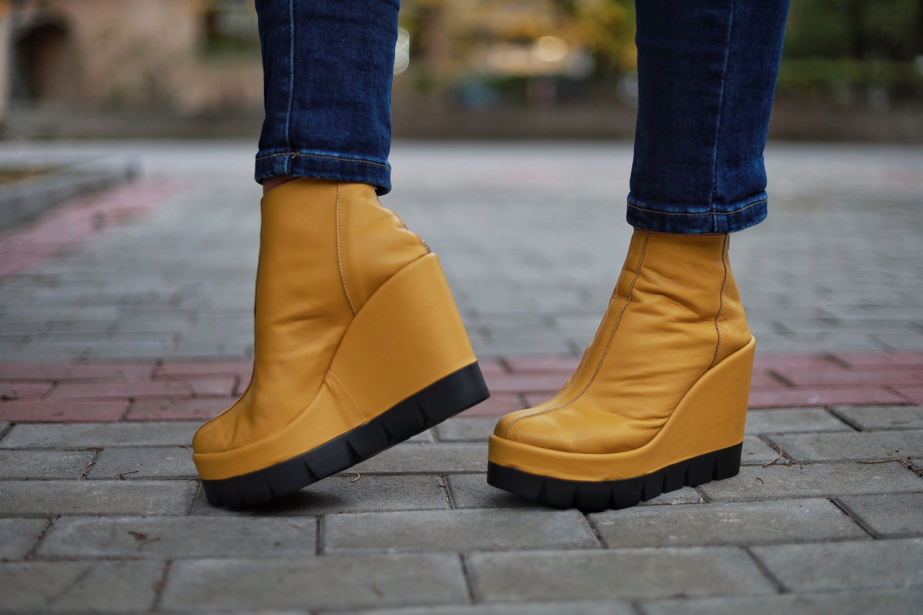 Yellow Leather Platform Ankle Boots: Women's Winter Shoes - Etsy
