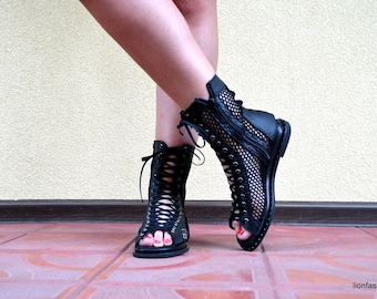 Gothic Black Leather Sandal Boots: Sheer Open Toe Summer Shoes