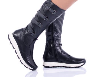 Genuine Leather Knee High Boots: Black Sporty-Elegant Style