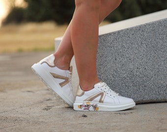 Genuine Leather Sneakers: White & Gold Extravagant Casual Shoes