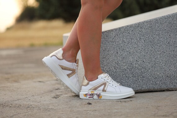 White and Gold Sneakers with Unique Heel Design Versa Wedding Sneakers for Bride | Embellished Indian  main image 4