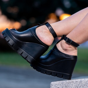 Sizes 10 & 11, Handcrafted Leather Platform Sandals in Black | Sizes 41 and 42 | Unique High Wedge Design for Modern Style