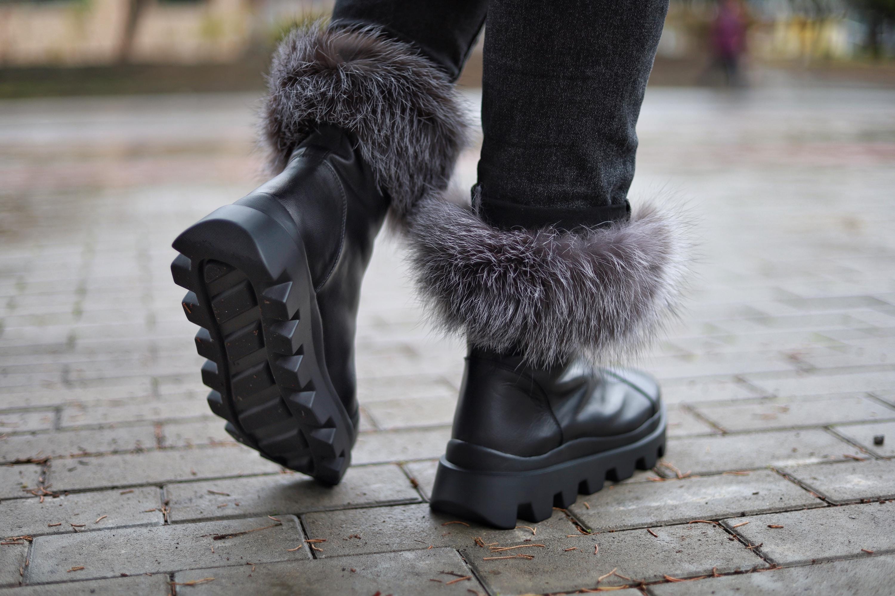 Black Winter Platform Boots With Silver Fox Fur, Women's