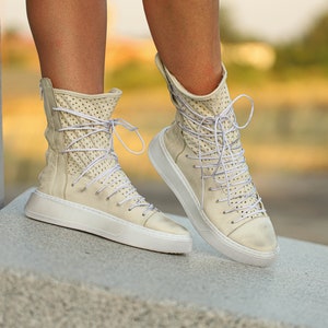 Off White Leather Sneakers: Women's Ankle High Platform Sport Shoes