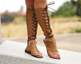 Bottines spartiates en cuir véritable : chaussures d'été bohèmes à lacets