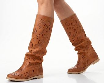 Handcrafted Perforated Leather Summer Boots: Urban Cowgirl Style
