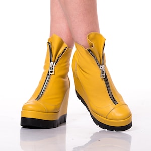 Yellow Leather Wedge Ankle Boots: Front Zipper Platform Shoes - Etsy