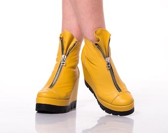 Yellow Leather Wedge Ankle Boots: Front Zipper Platform Shoes - Etsy