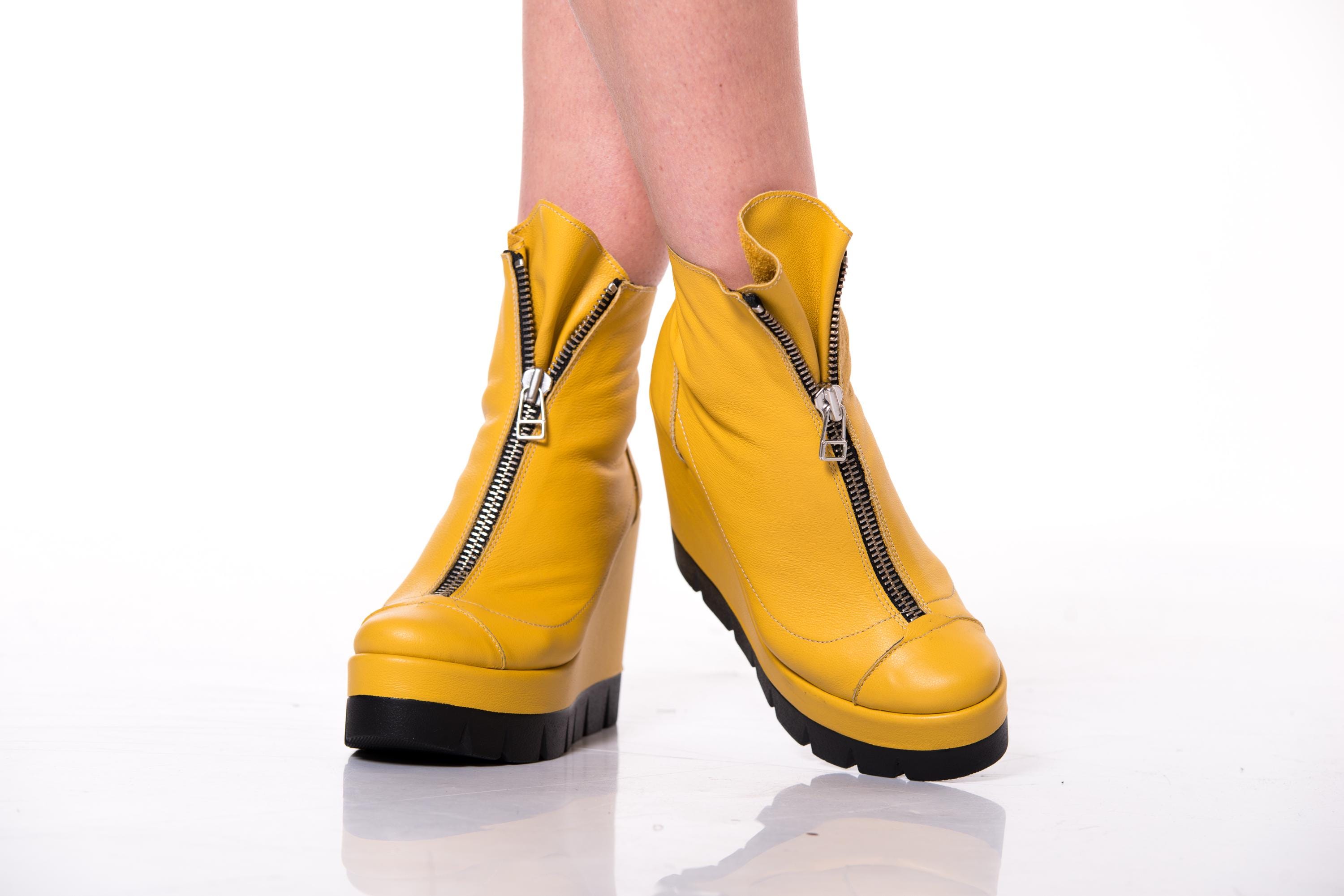 Yellow Leather Wedge Ankle Boots: Front Zipper Platform Shoes - Etsy