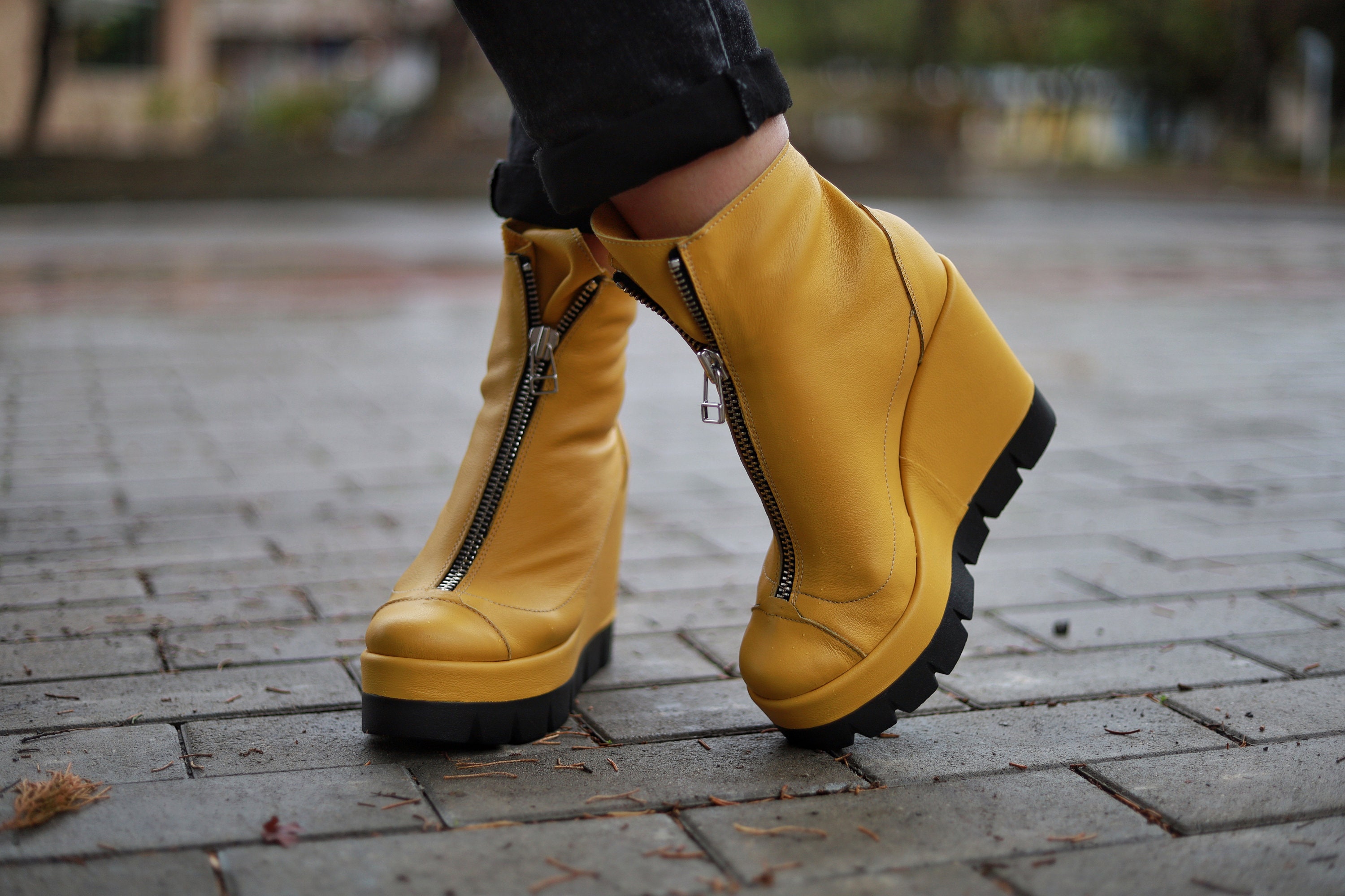 Yellow Leather Platform Ankle Boots: Zipper Front, Grunge Punk