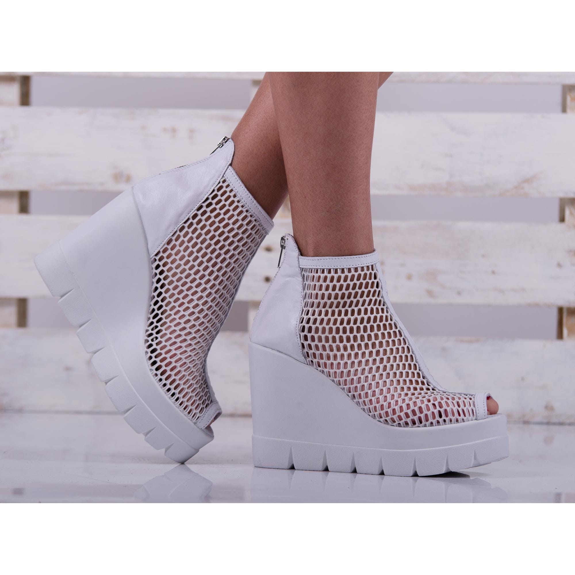 High Platform Sandals, Woman White Lace Leather Sheer Ankle 