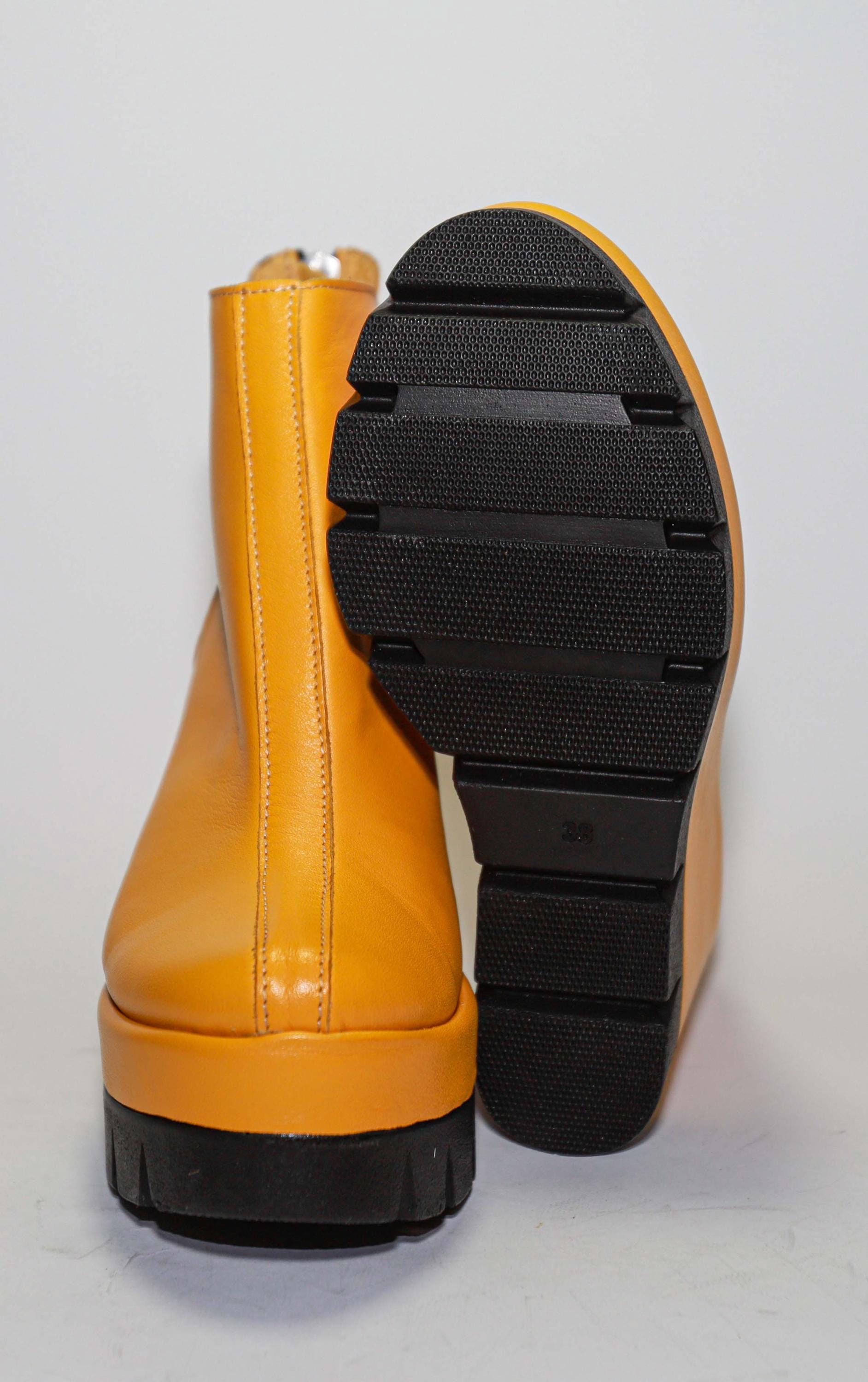Handmade Yellow Leather Wedge Ankle Boots: Chunky Platform Shoes