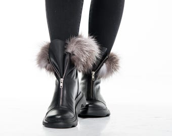 Black Leather Platform Boots with Silver Fox Fur Trim