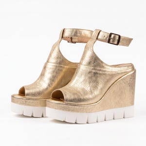 Handmade Gold Leather Platform Wedge Sandals - Open Toe Summer Shoes