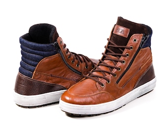 Handgemaakte leren hoge herensneakers: laarzen met dubbele ritssluiting
