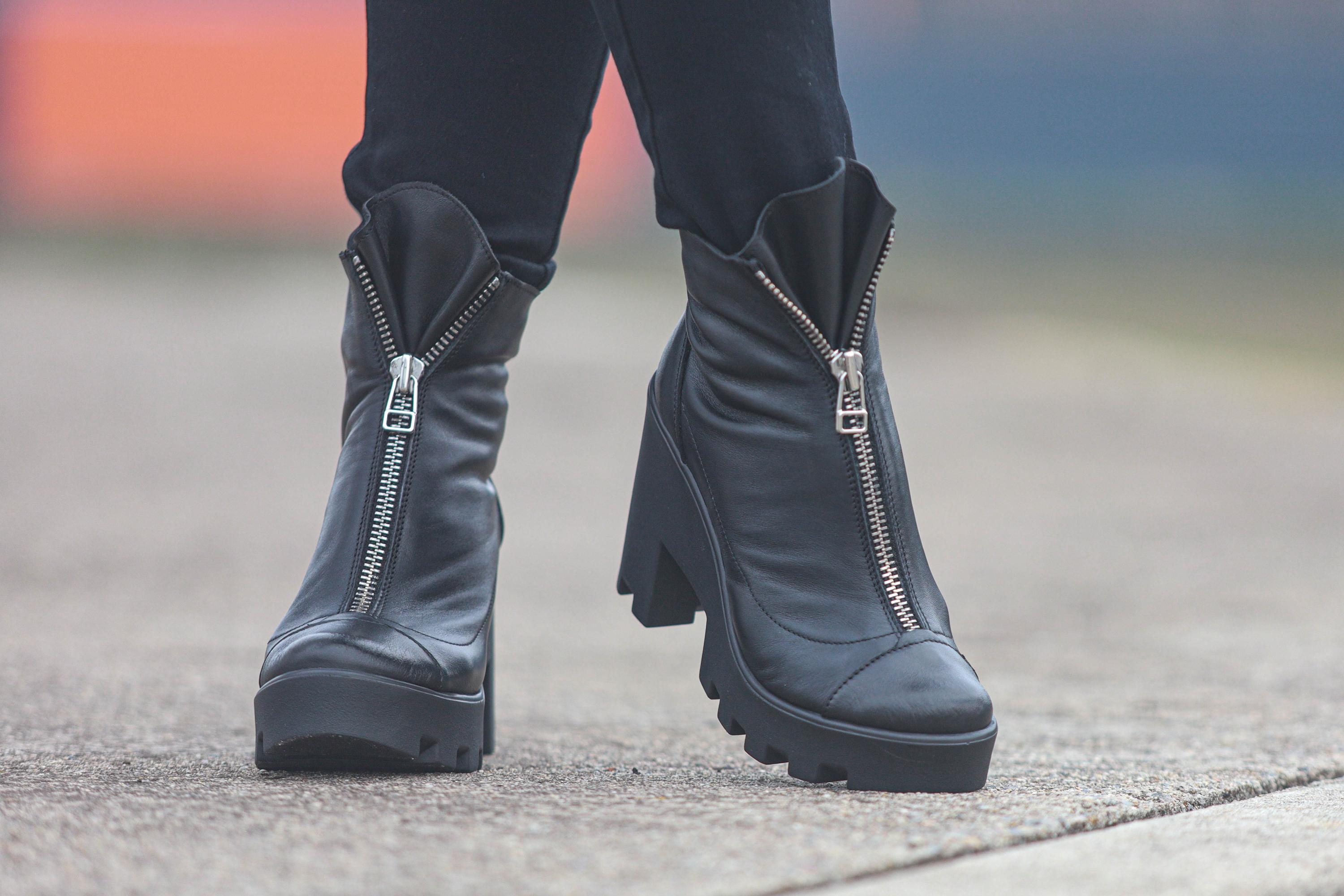 Black Leather Ankle Boots: Chunky Heel, Front Zipper - Etsy