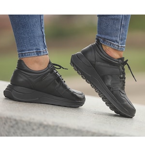 Extravagant Black Leather Sneakers, Black Genuine Leather Sneakers, Genuine Women Sneakers, Comfortable Casual Shoes, Black Leather Sneakers