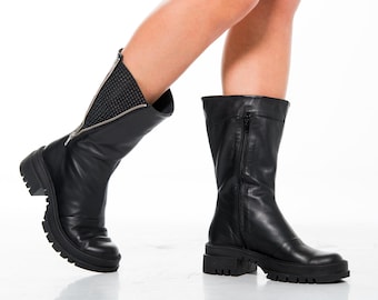 Handmade Black Leather Mid-Calf Boots: Double Zipper Perforated Boots