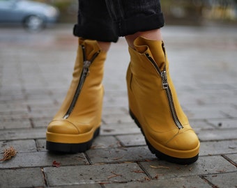 Yellow Leather Platform Ankle Boots: Zipper Front, Grunge Punk
