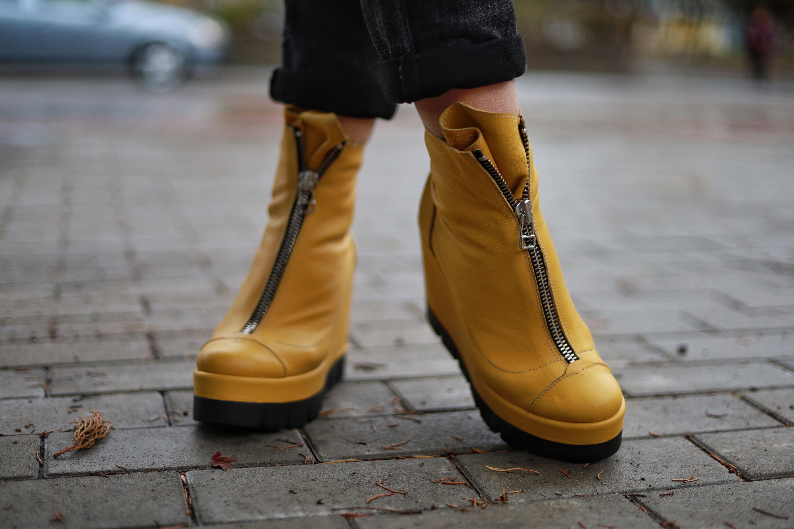 Yellow Leather Platform Ankle Boots: Zipper Front, Grunge Punk