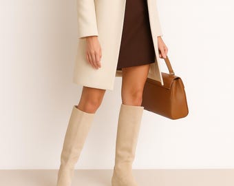 Handmade Beige Suede Knee High Boots: Italian Leather, Flat Sole